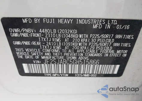 2016 Subaru Forester 2.5I из США, поврежденный, VIN JF2SJABC5GH515866